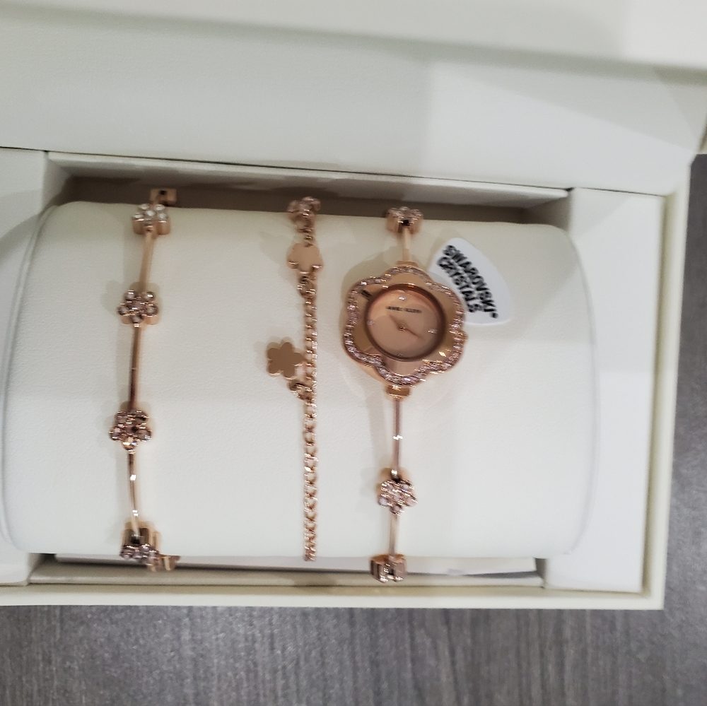 Anne Klein rose gold watch & bracelet set with Swarvoski crystals